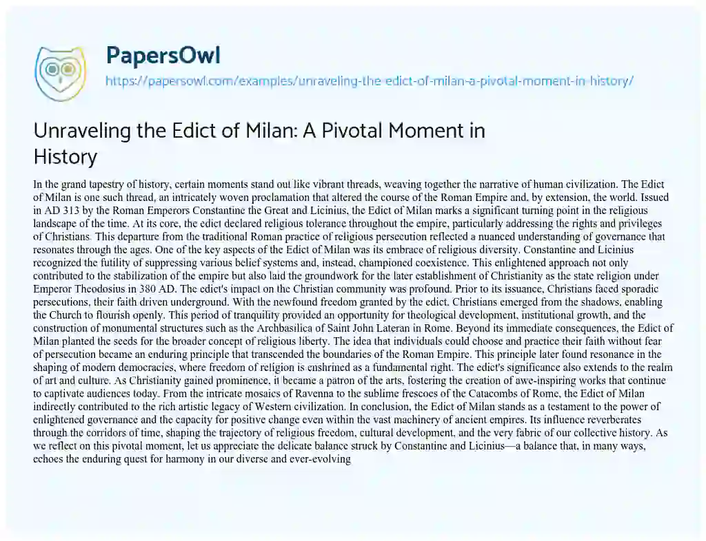 Essay on Unraveling the Edict of Milan: a Pivotal Moment in History