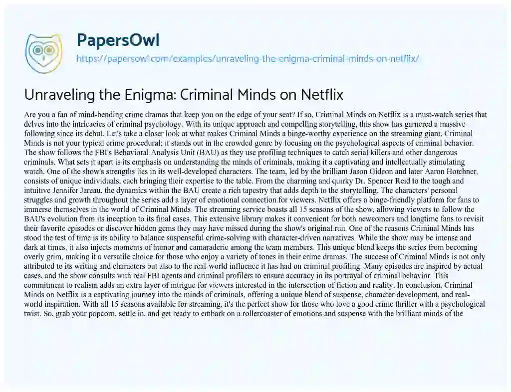 Essay on Unraveling the Enigma: Criminal Minds on Netflix