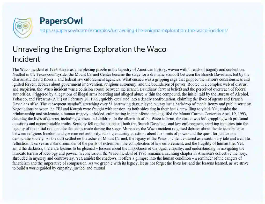 Essay on Unraveling the Enigma: Exploration the Waco Incident