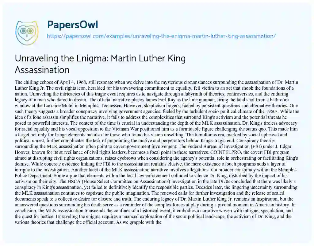Essay on Unraveling the Enigma: Martin Luther King Assassination