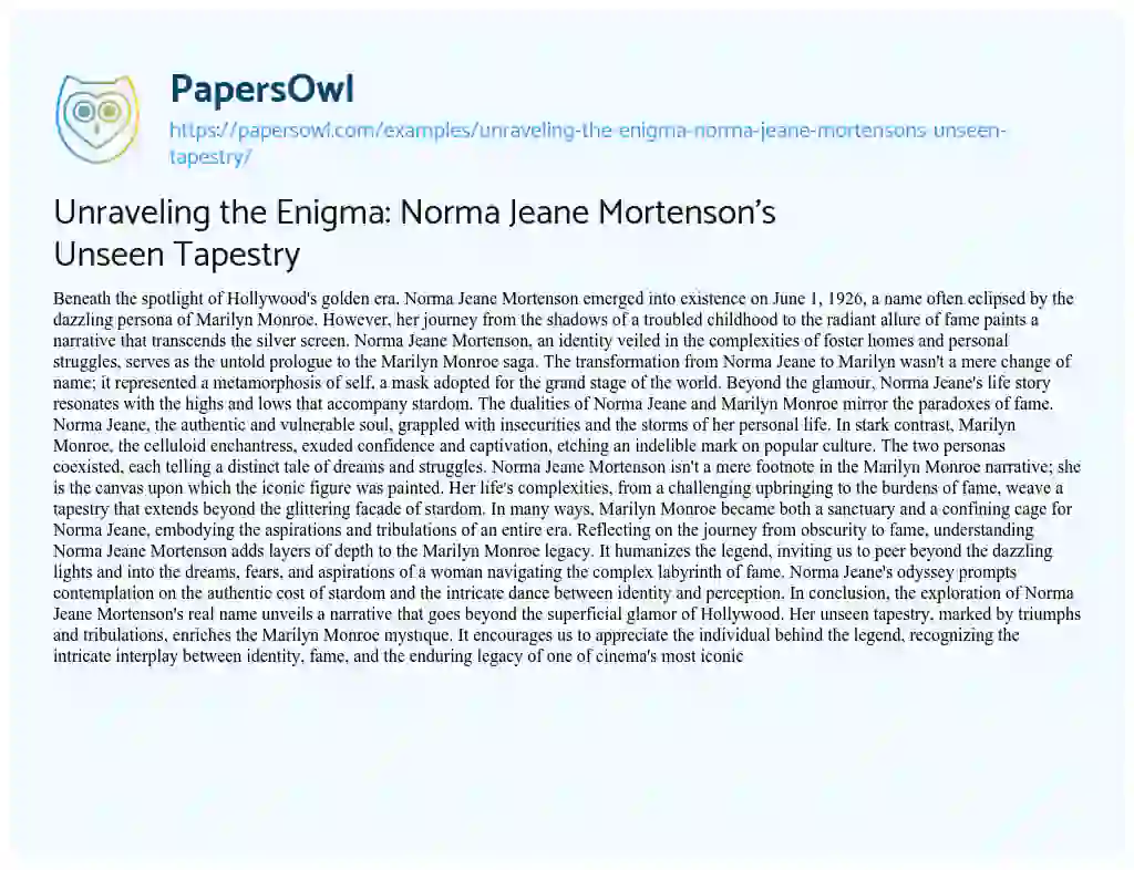 Essay on Unraveling the Enigma: Norma Jeane Mortenson’s Unseen Tapestry