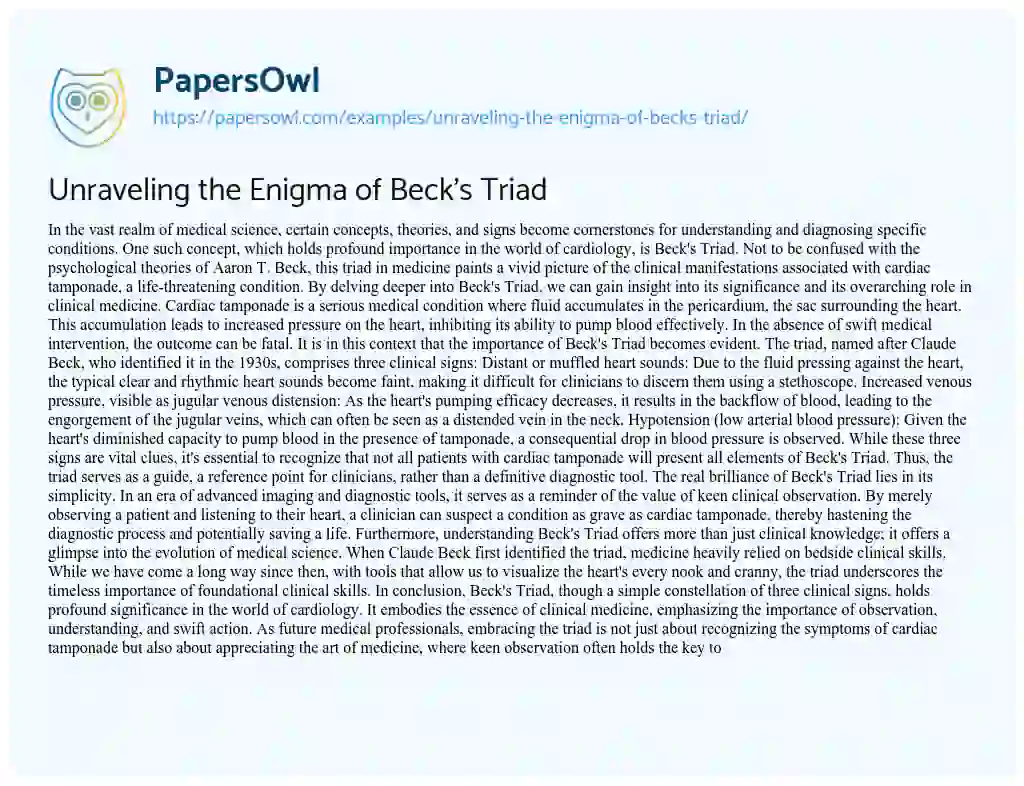 Essay on Unraveling the Enigma of Beck’s Triad