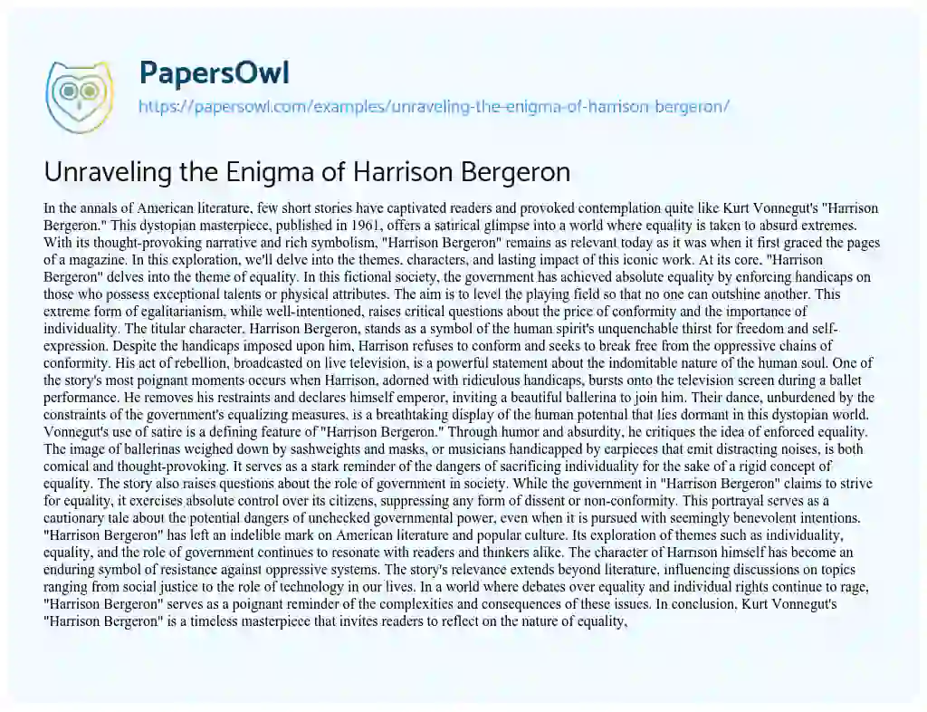 Essay on Unraveling the Enigma of Harrison Bergeron