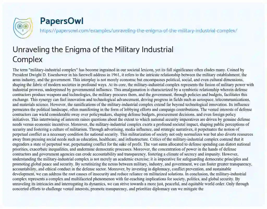 Essay on Unraveling the Enigma of the Military Industrial Complex