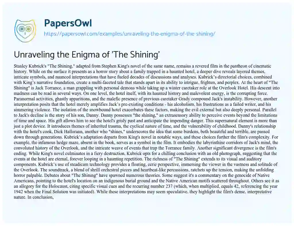Essay on Unraveling the Enigma of ‘The Shining’