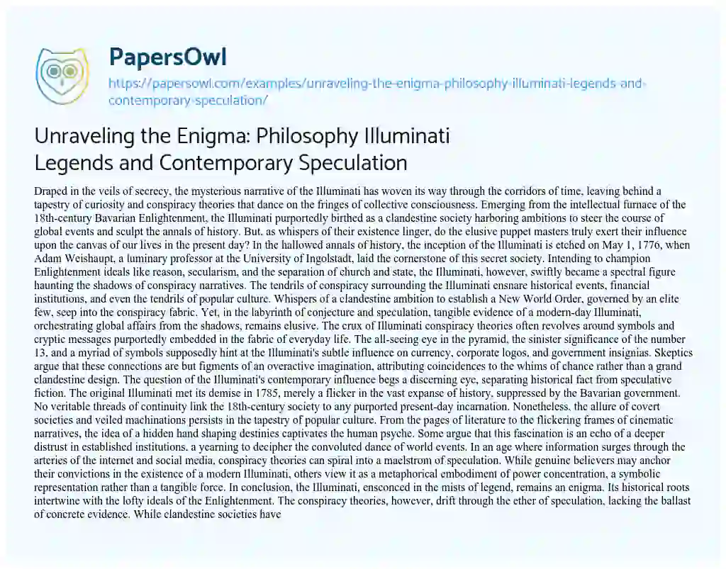 Essay on Unraveling the Enigma: Philosophy Illuminati Legends and Contemporary Speculation