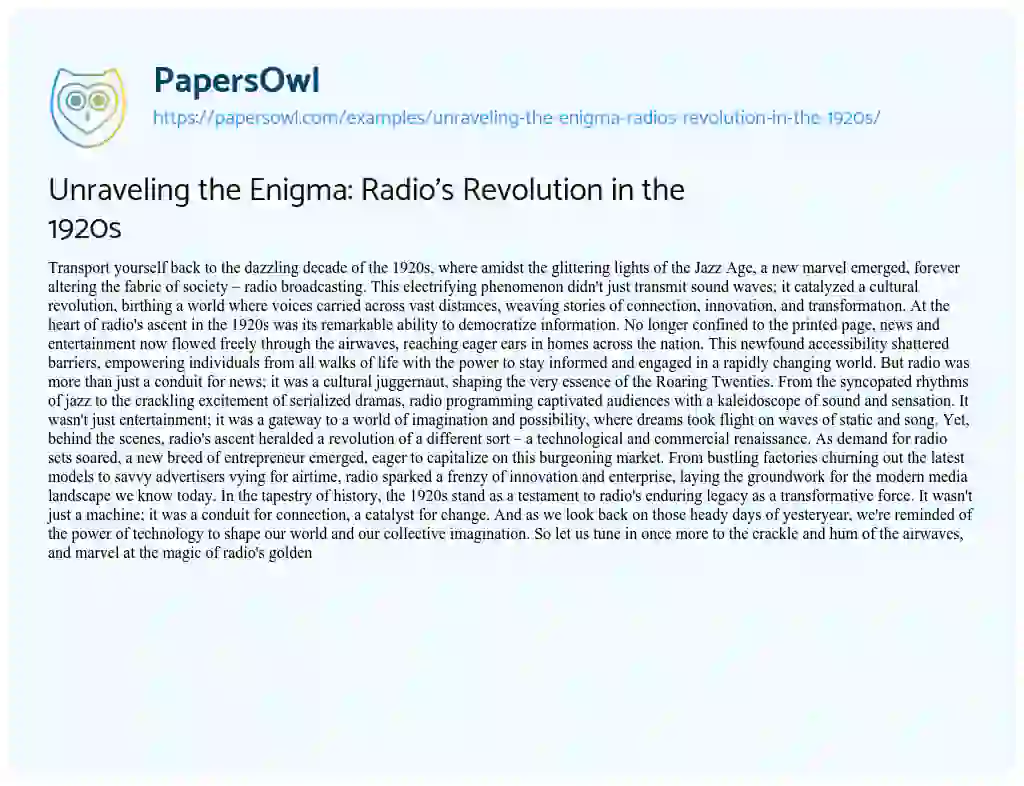 Essay on Unraveling the Enigma: Radio’s Revolution in the 1920s