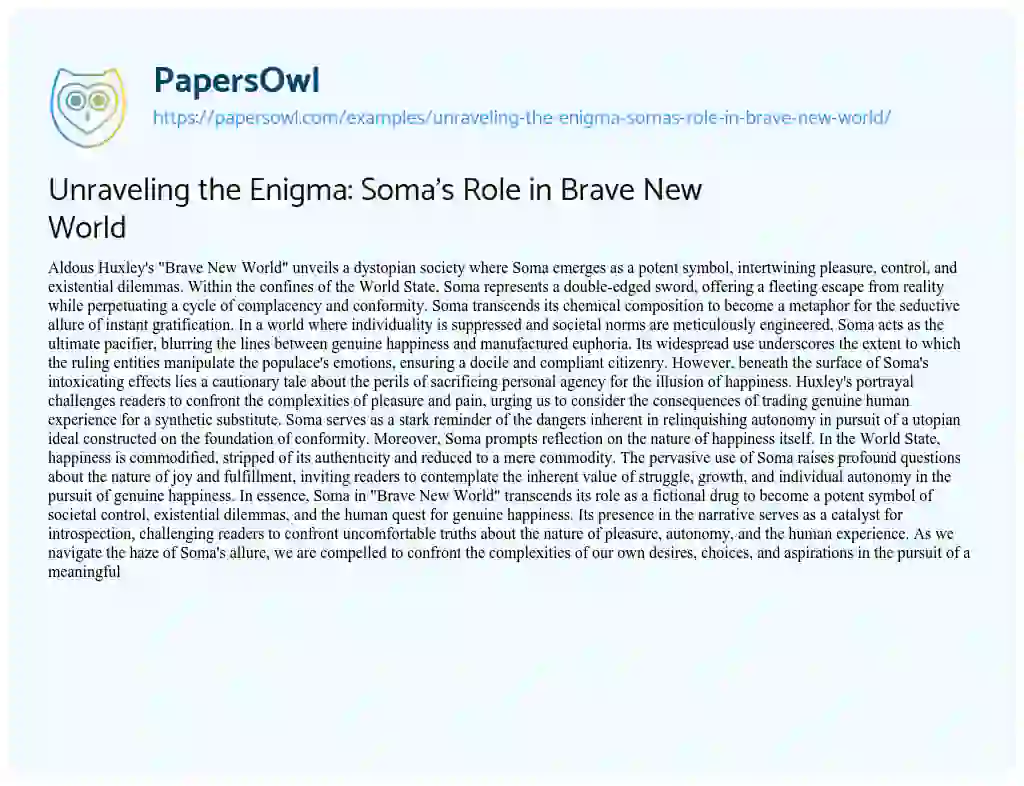 Essay on Unraveling the Enigma: Soma’s Role in Brave New World