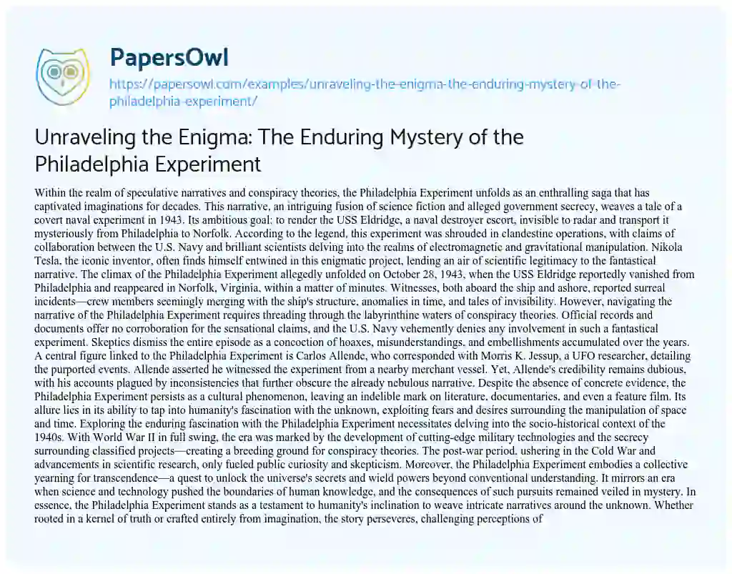 Essay on Unraveling the Enigma: the Enduring Mystery of the Philadelphia Experiment