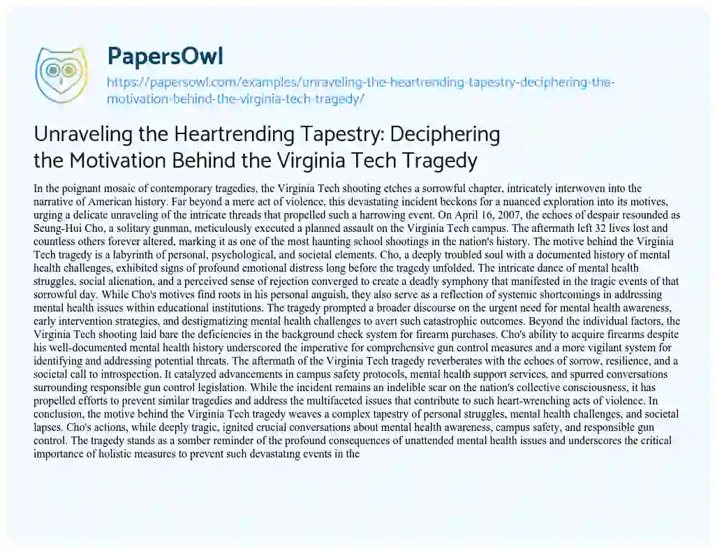 Essay on Unraveling the Heartrending Tapestry: Deciphering the Motivation Behind the Virginia Tech Tragedy