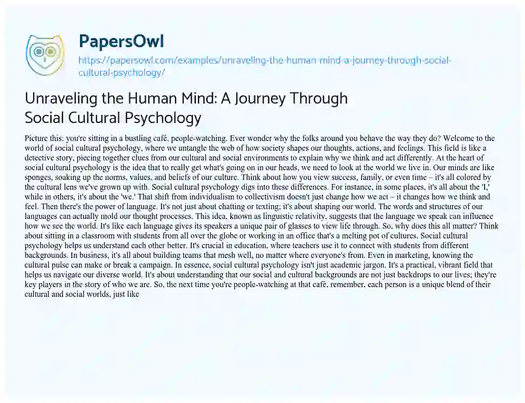 Essay on Unraveling the Human Mind: a Journey through Social Cultural Psychology