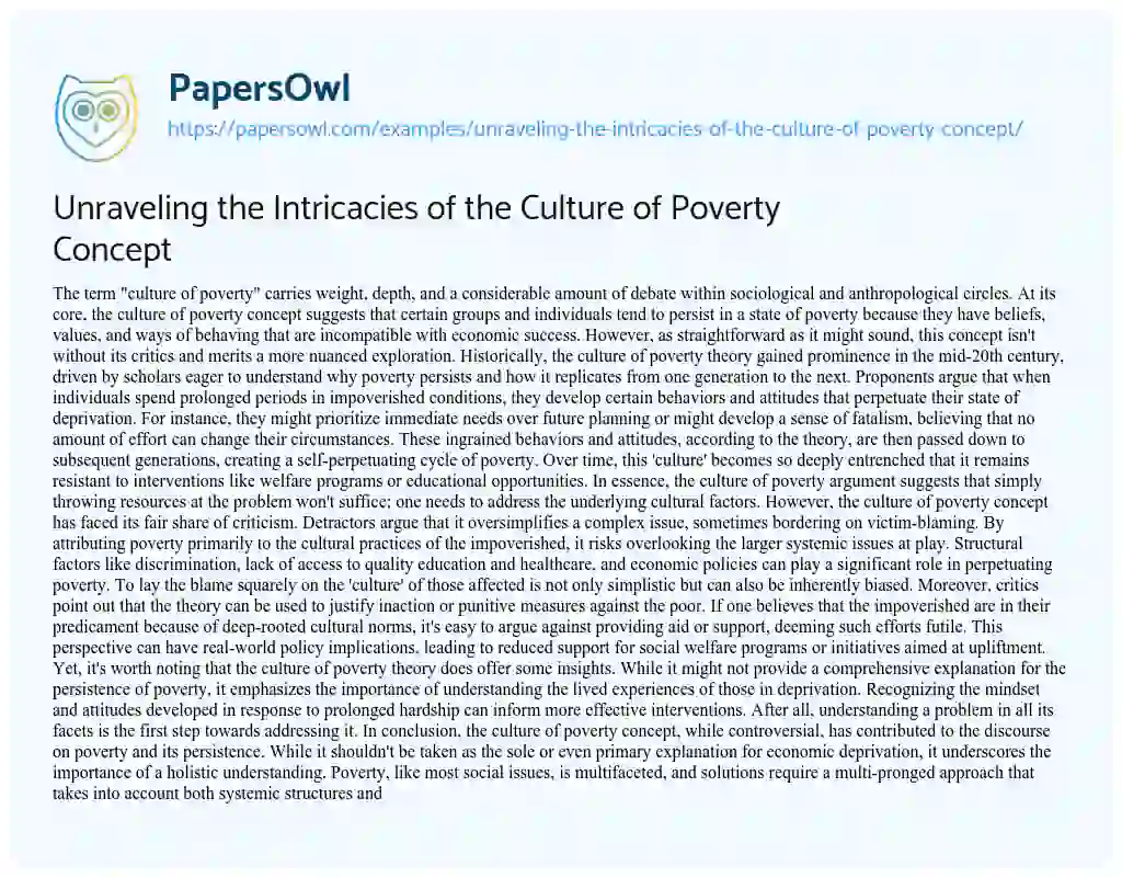 Essay on Unraveling the Intricacies of the Culture of Poverty Concept