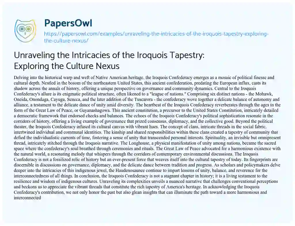Essay on Unraveling the Intricacies of the Iroquois Tapestry: Exploring the Culture Nexus