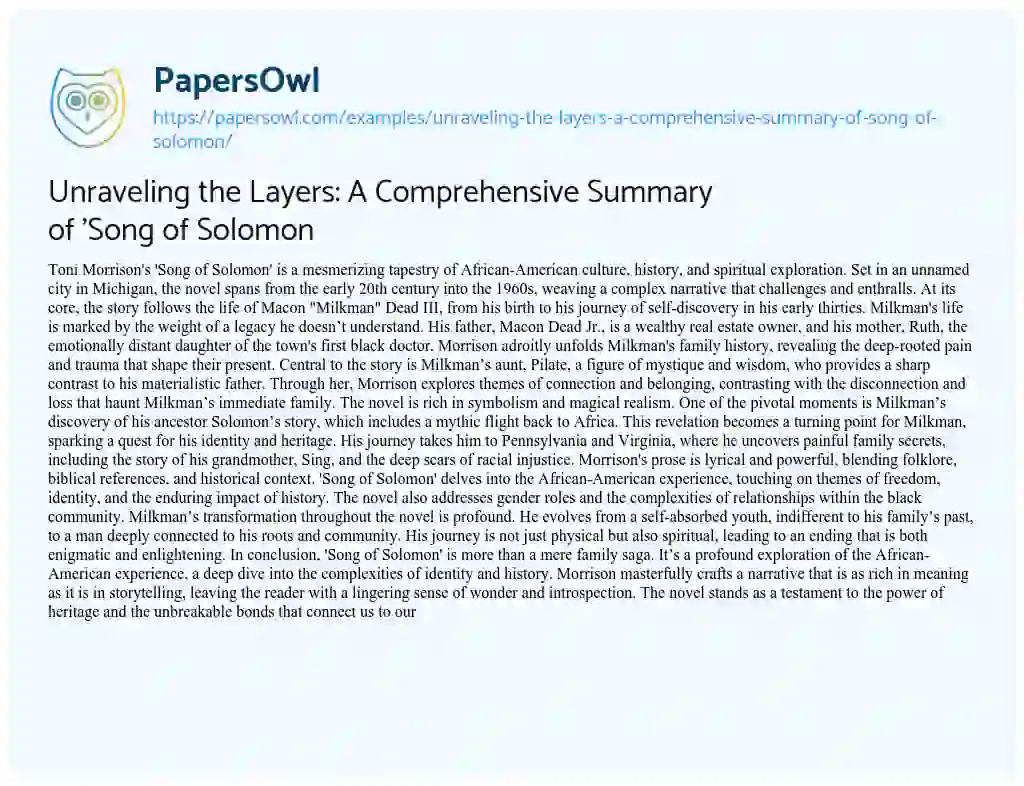 Essay on Unraveling the Layers: a Comprehensive Summary of ‘Song of Solomon