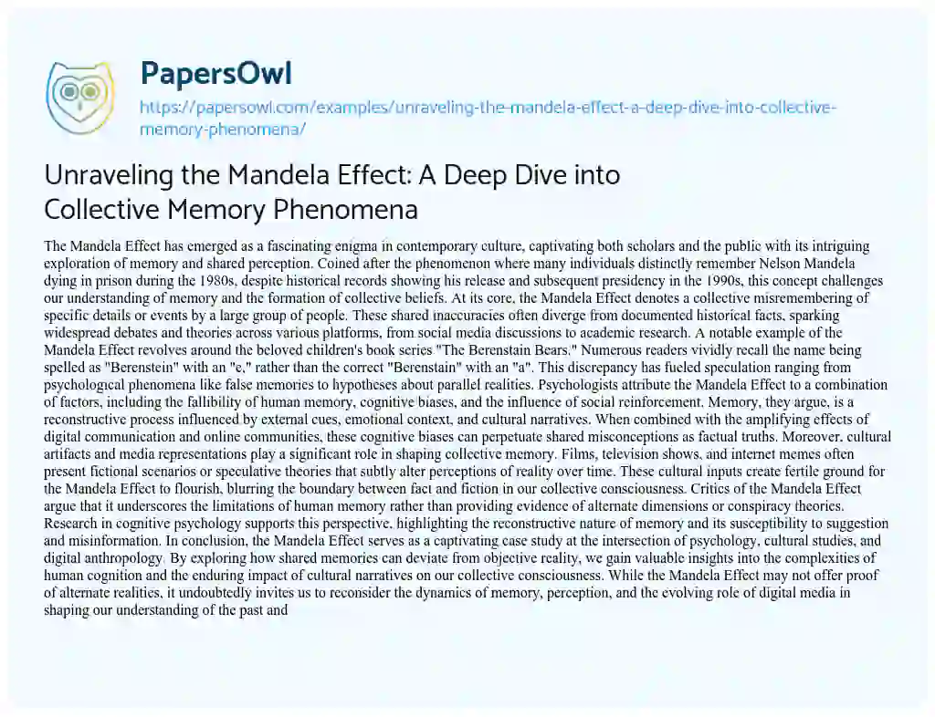 Essay on Unraveling the Mandela Effect: a Deep Dive into Collective Memory Phenomena