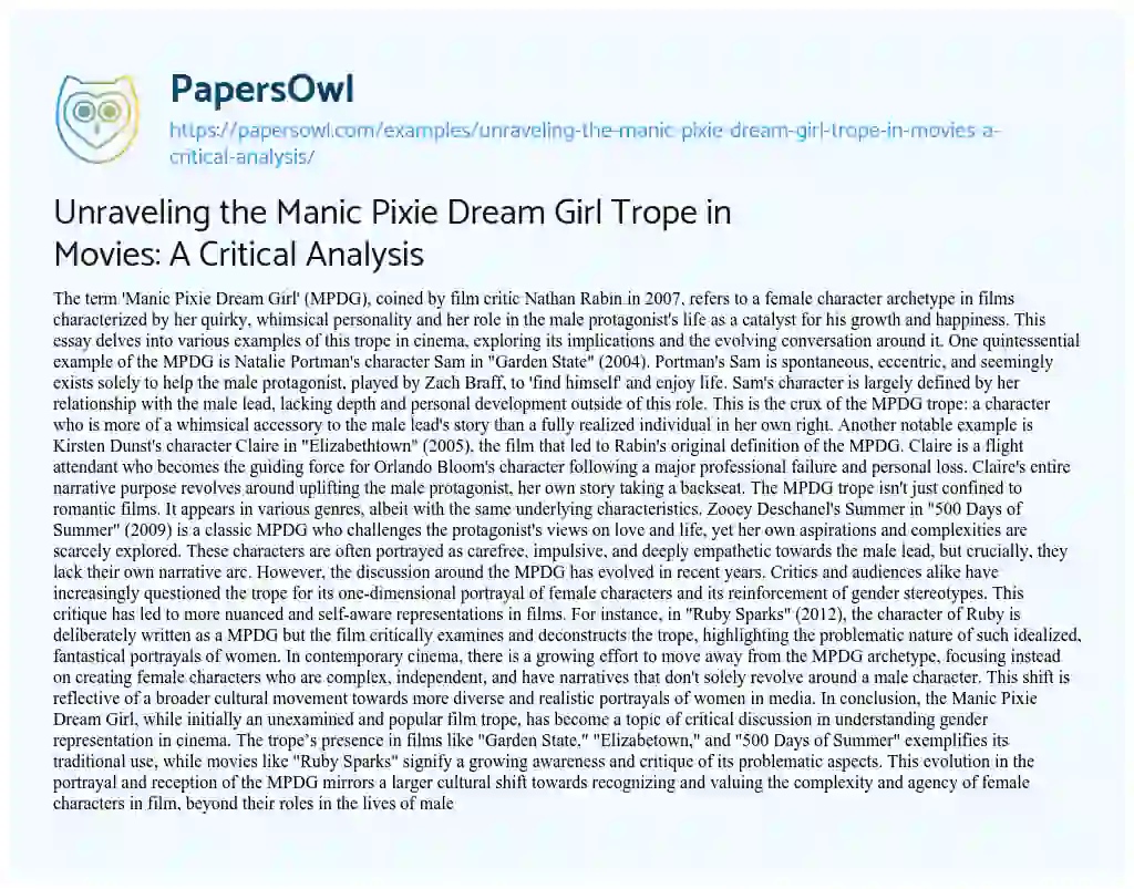 Essay on Unraveling the Manic Pixie Dream Girl Trope in Movies: a Critical Analysis