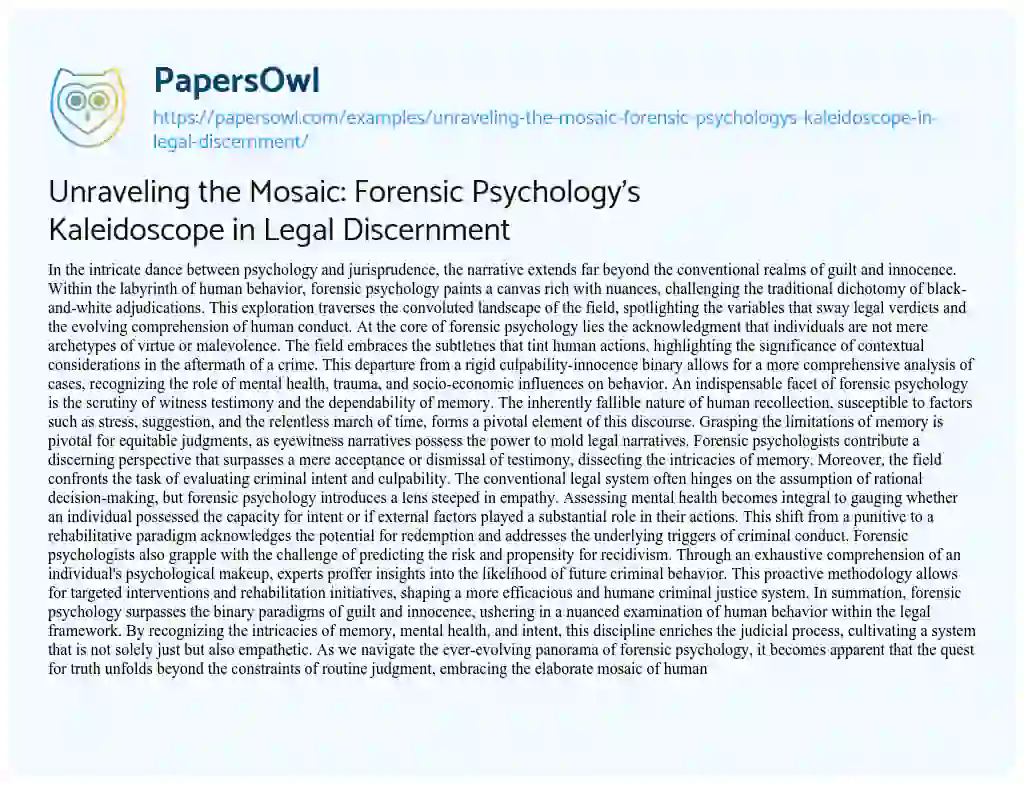 Essay on Unraveling the Mosaic: Forensic Psychology’s Kaleidoscope in Legal Discernment