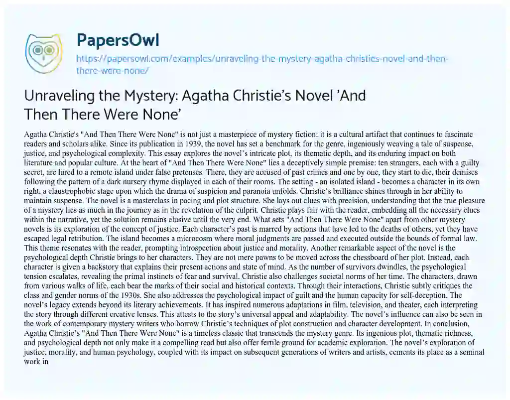 Essay on Unraveling the Mystery: Agatha Christie’s Novel ‘And then there were None’