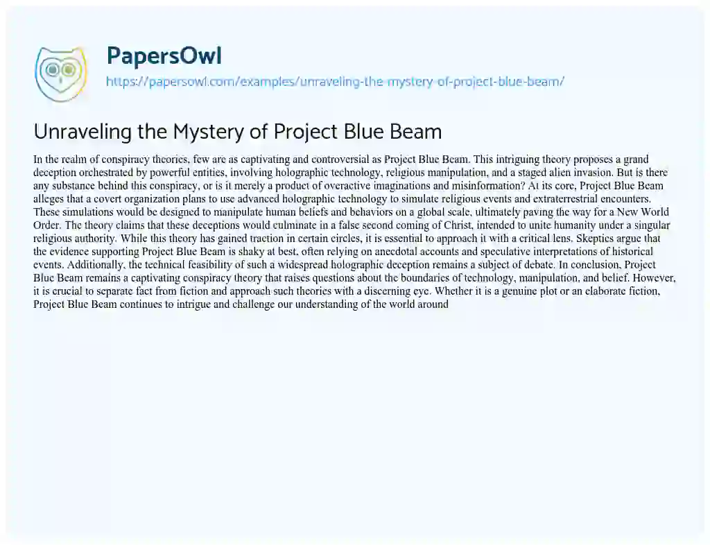 Essay on Unraveling the Mystery of Project Blue Beam