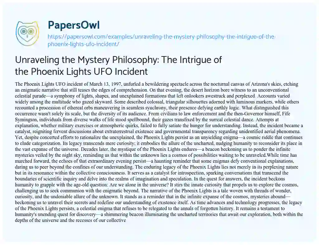 Essay on Unraveling the Mystery Philosophy: the Intrigue of the Phoenix Lights UFO Incident