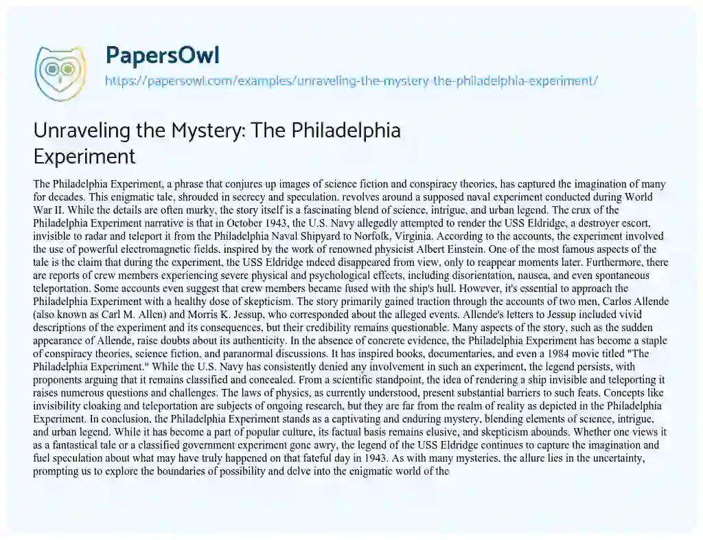 Essay on Unraveling the Mystery: the Philadelphia Experiment