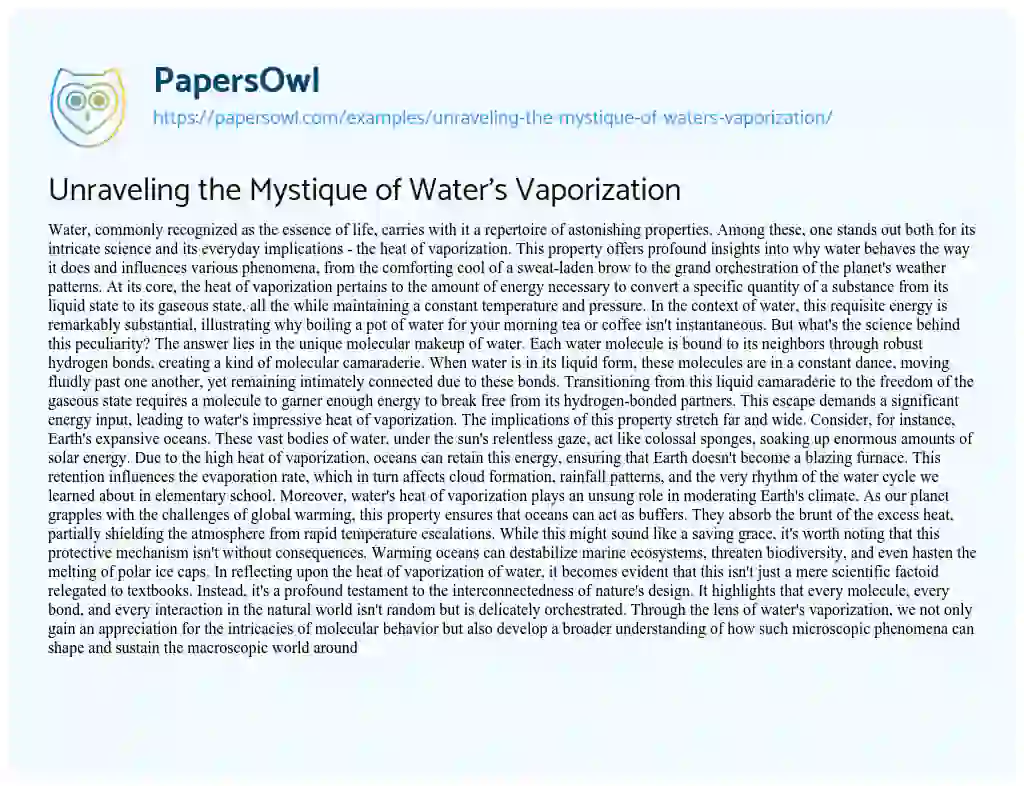 Essay on Unraveling the Mystique of Water’s Vaporization
