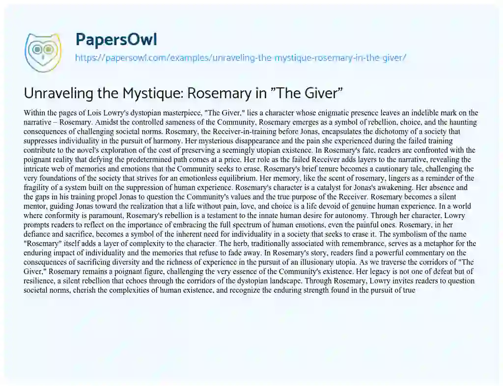 Essay on Unraveling the Mystique: Rosemary in “The Giver”