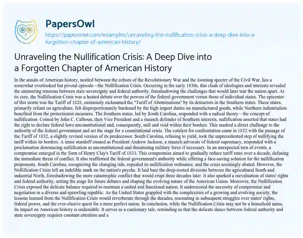 Essay on Unraveling the Nullification Crisis: a Deep Dive into a Forgotten Chapter of American History