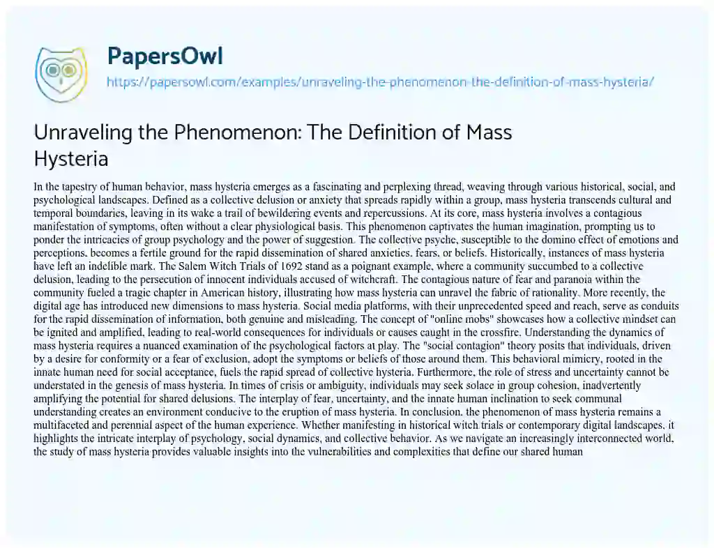 Essay on Unraveling the Phenomenon: the Definition of Mass Hysteria
