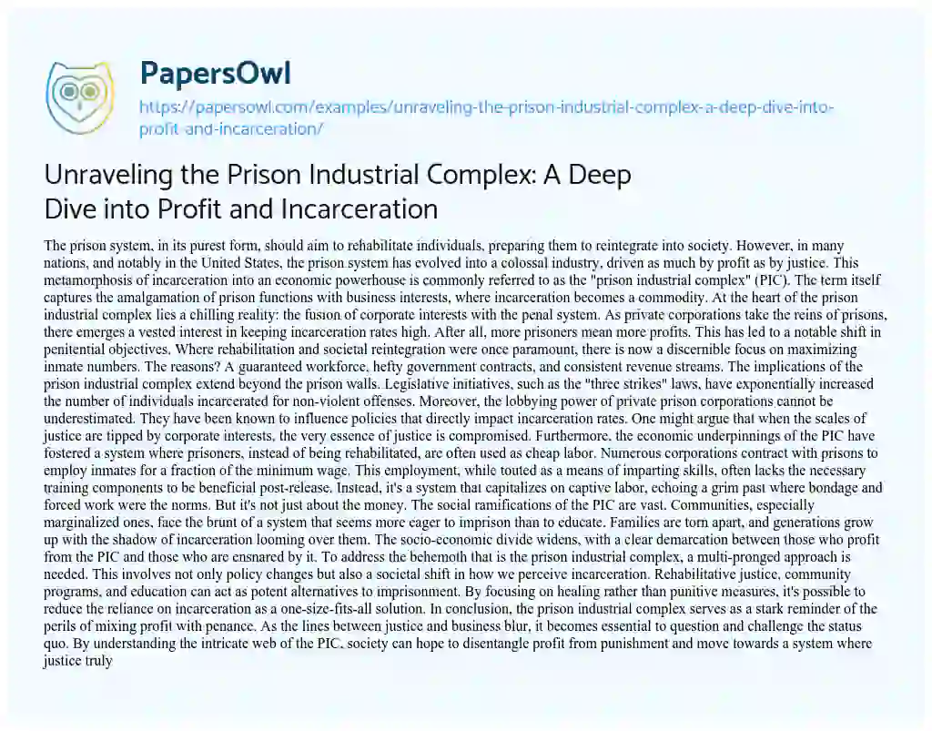 Essay on Unraveling the Prison Industrial Complex: a Deep Dive into Profit and Incarceration