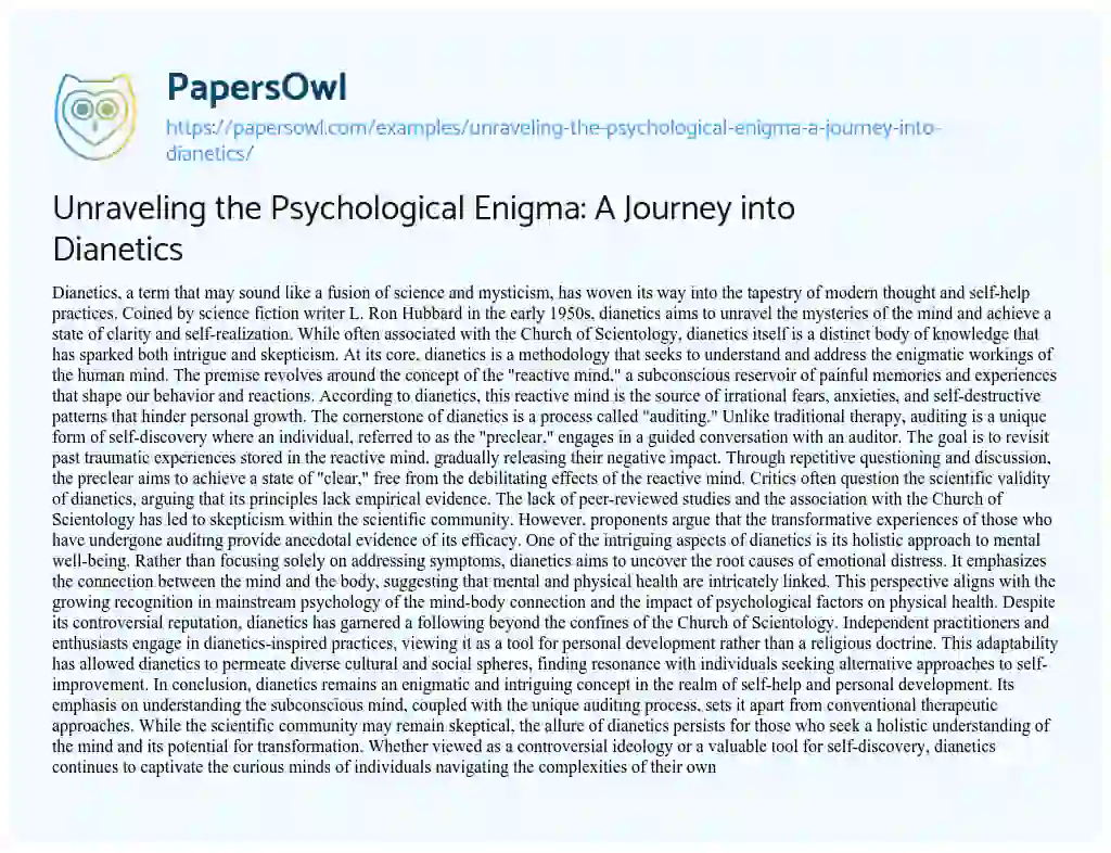 Essay on Unraveling the Psychological Enigma: a Journey into Dianetics