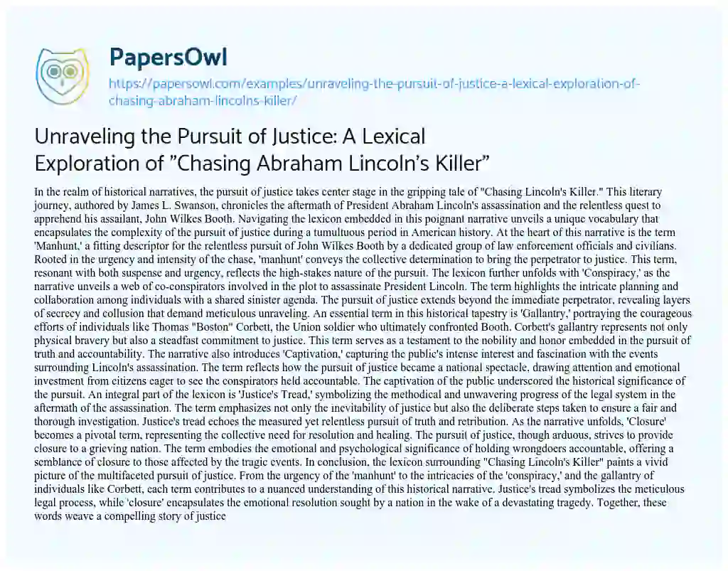 Essay on Unraveling the Pursuit of Justice: a Lexical Exploration of “Chasing Abraham Lincoln’s Killer”
