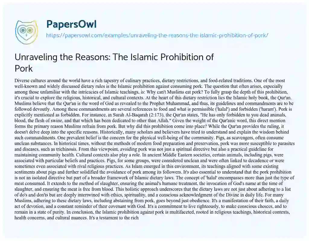 Essay on Unraveling the Reasons: the Islamic Prohibition of Pork