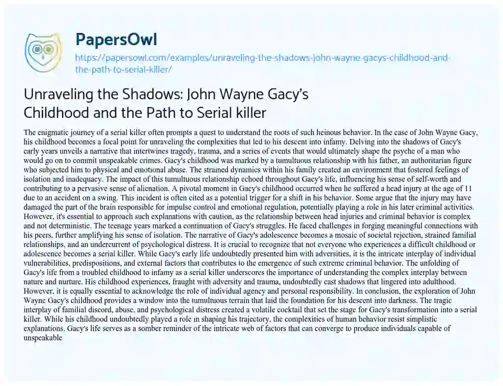 Essay on Unraveling the Shadows: John Wayne Gacy’s Childhood and the Path to Serial Killer