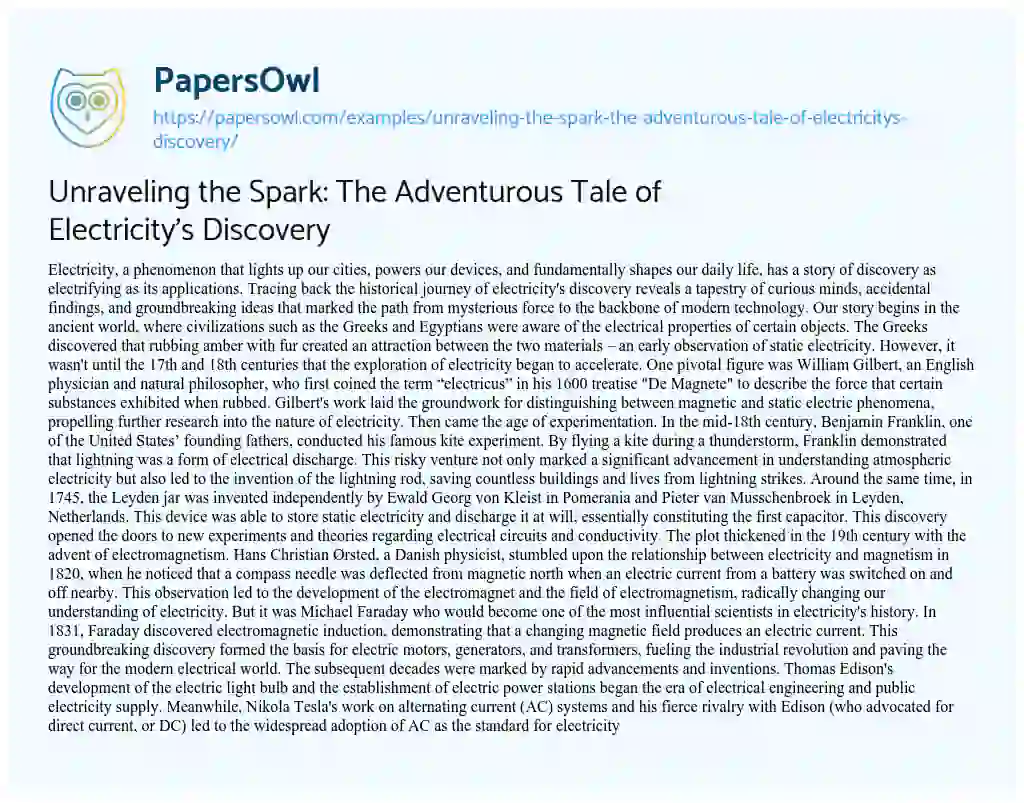Essay on Unraveling the Spark: the Adventurous Tale of Electricity’s Discovery