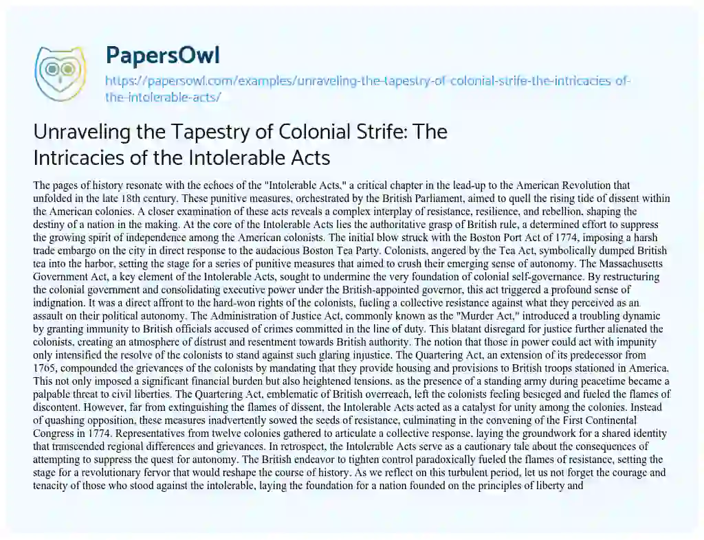 Essay on Unraveling the Tapestry of Colonial Strife: the Intricacies of the Intolerable Acts