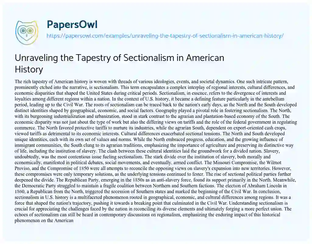 Essay on Unraveling the Tapestry of Sectionalism in American History