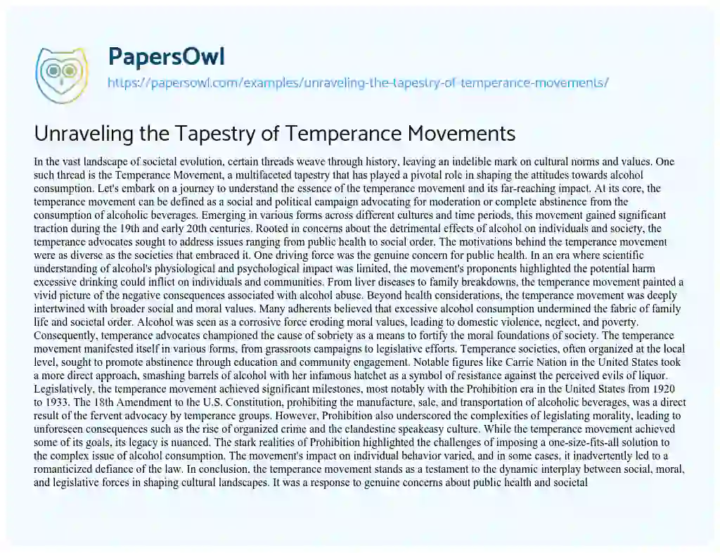 Essay on Unraveling the Tapestry of Temperance Movements