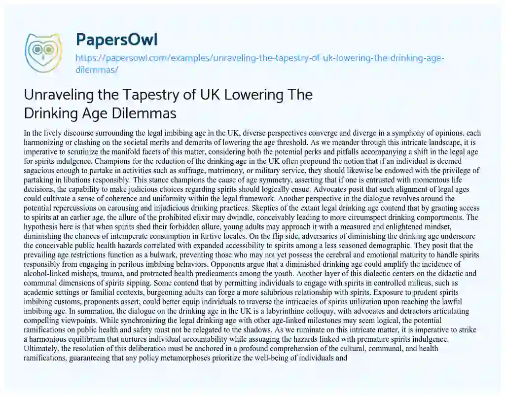 Essay on Unraveling the Tapestry of UK Lowering the Drinking Age Dilemmas