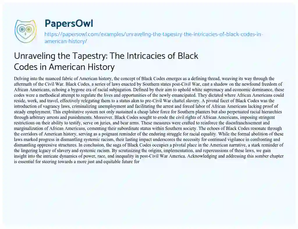 Essay on Unraveling the Tapestry: the Intricacies of Black Codes in American History