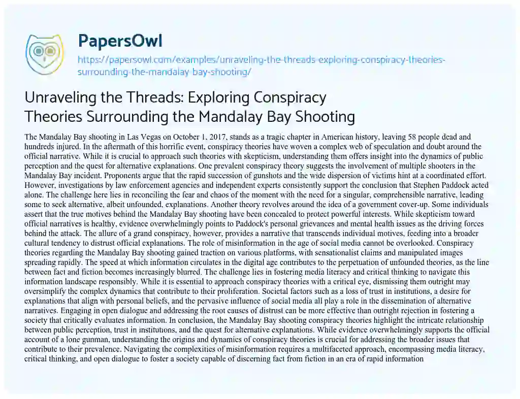 Essay on Unraveling the Threads: Exploring Conspiracy Theories Surrounding the Mandalay Bay Shooting