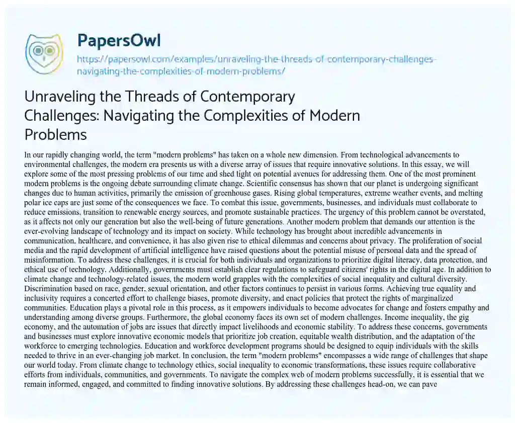 Essay on Unraveling the Threads of Contemporary Challenges: Navigating the Complexities of Modern Problems