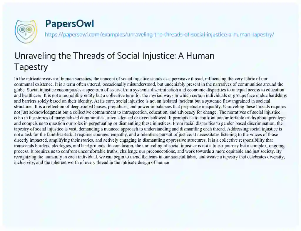 Essay on Unraveling the Threads of Social Injustice: a Human Tapestry