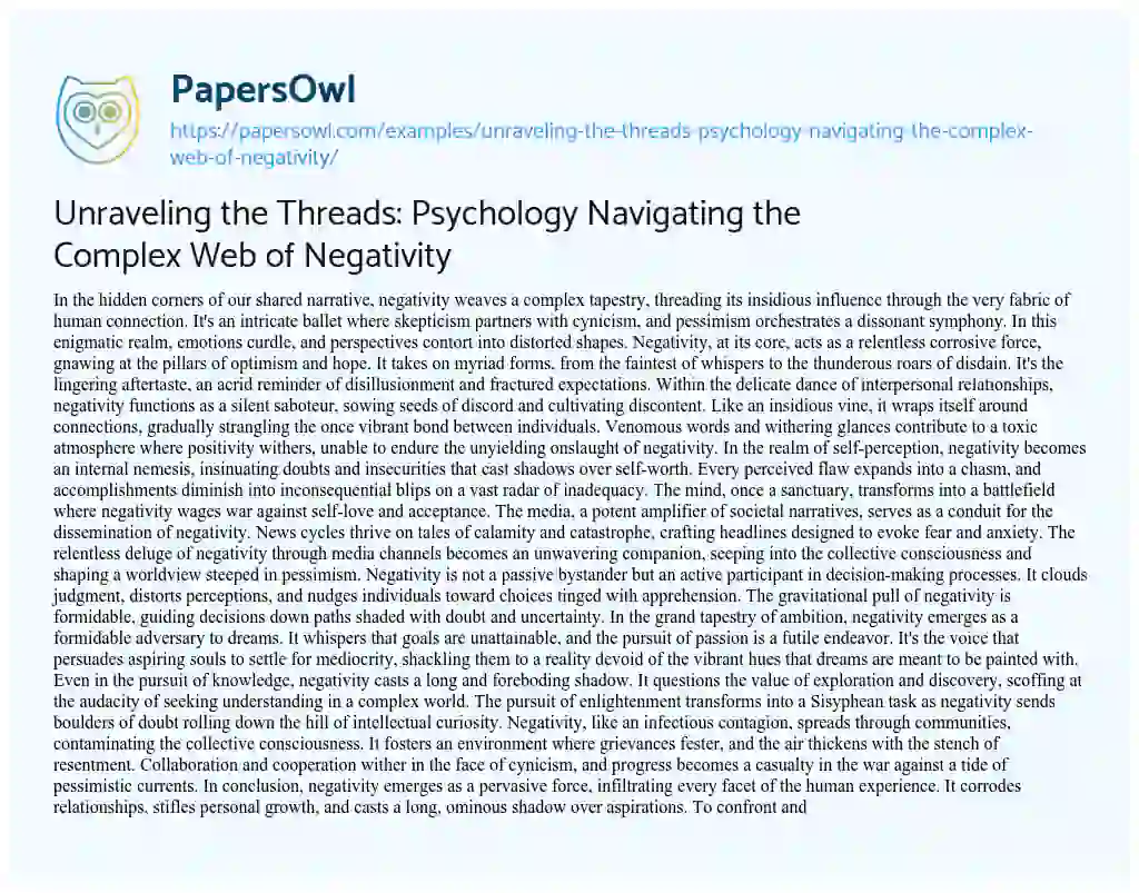 Essay on Unraveling the Threads: Psychology Navigating the Complex Web of Negativity