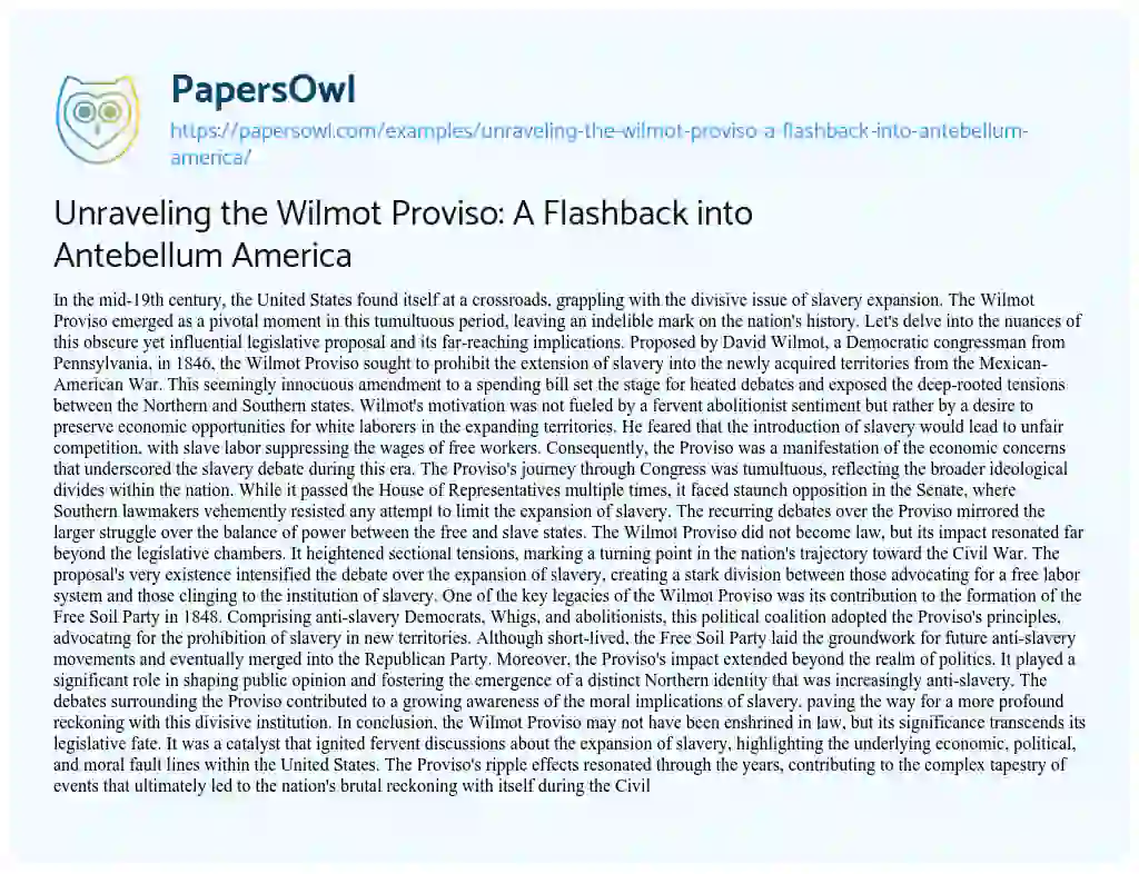 Essay on Unraveling the Wilmot Proviso: a Flashback into Antebellum America