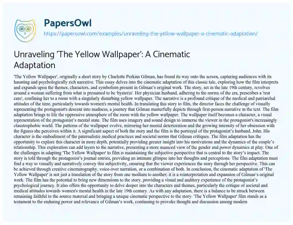 Essay on Unraveling ‘The Yellow Wallpaper’: a Cinematic Adaptation