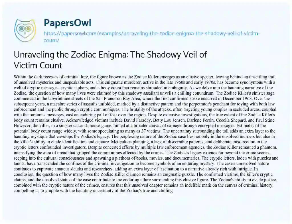 Essay on Unraveling the Zodiac Enigma: the Shadowy Veil of Victim Count