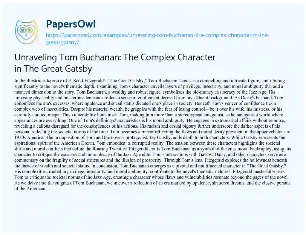 Essay on Unraveling Tom Buchanan: the Complex Character in the Great Gatsby