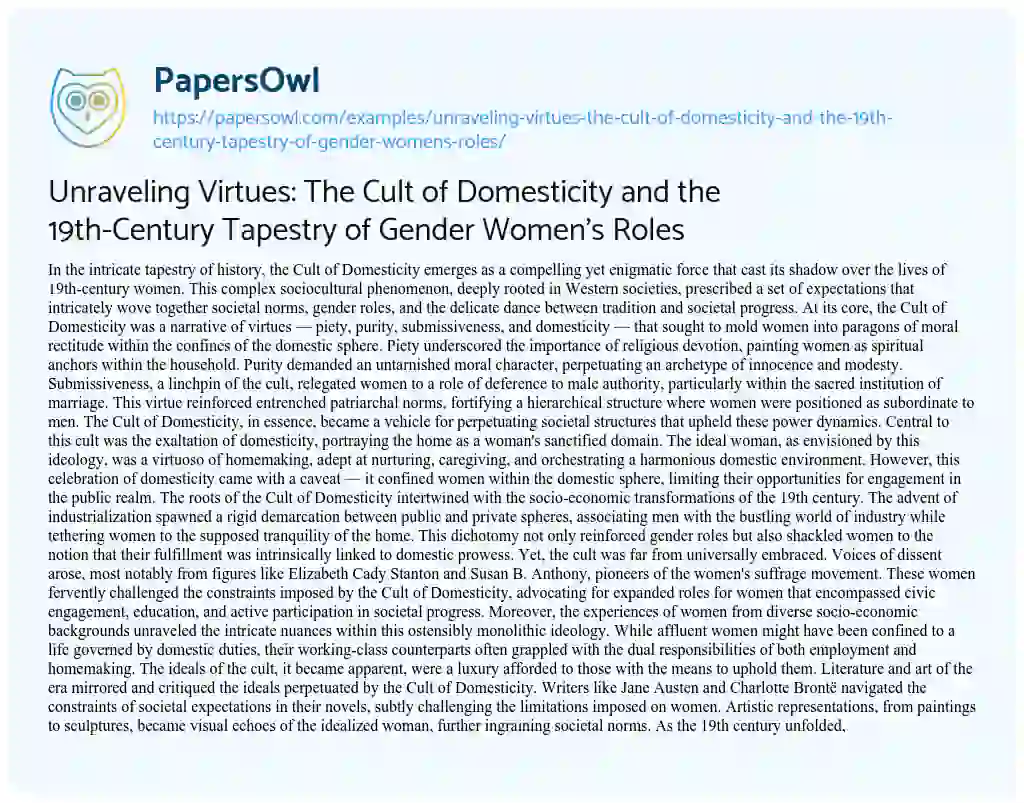 Essay on Unraveling Virtues: the Cult of Domesticity and the 19th-Century Tapestry of Gender Women’s Roles