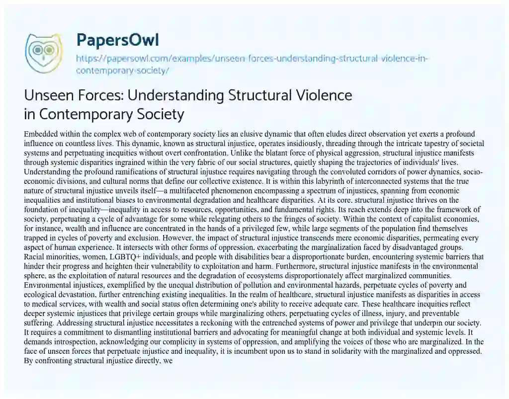 Essay on Unseen Forces: Understanding Structural Violence in Contemporary Society